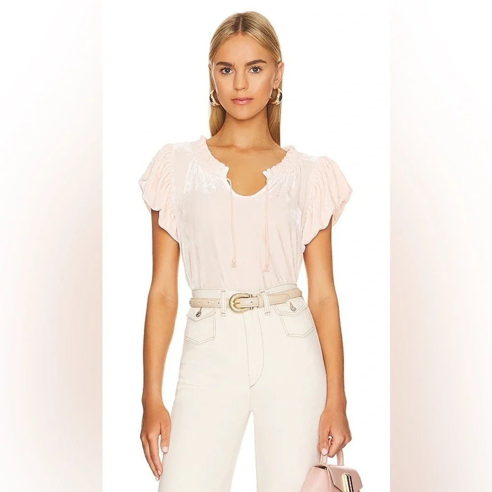 Free People Terese Velvet Top XS velour light pink ruffle puff smock Tee